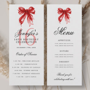 Elegant Red Bow 16th Birthday Program Menu