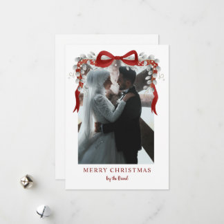 Elegant Red Bow and Eucalyptus Photo Christmas Ar Holiday Card