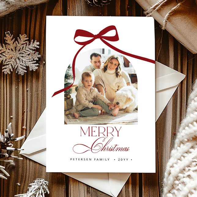 Elegant red bow arch photo Merry Christmas Holiday Card (Creator Uploaded)