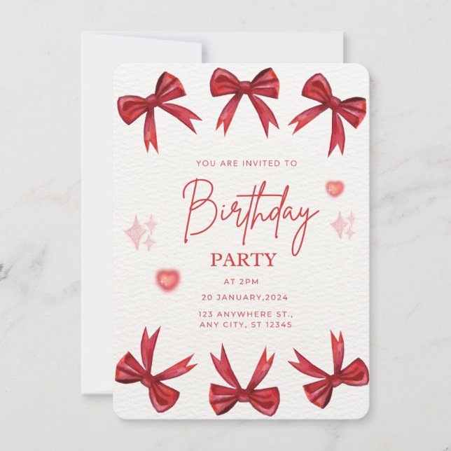 Elegant Red Bow Birthday Party Invitation  (Front)