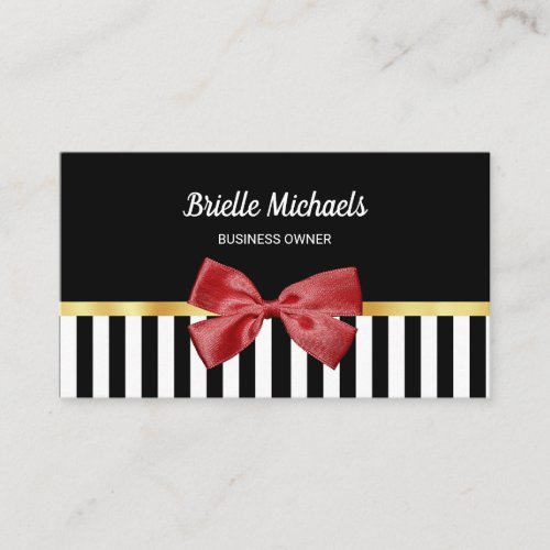 Elegant Red Bow Black and White Stripes With Gold Business Card
