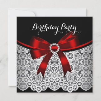 Elegant Red Bow Black Lace White Birthday Party 2 Invitation