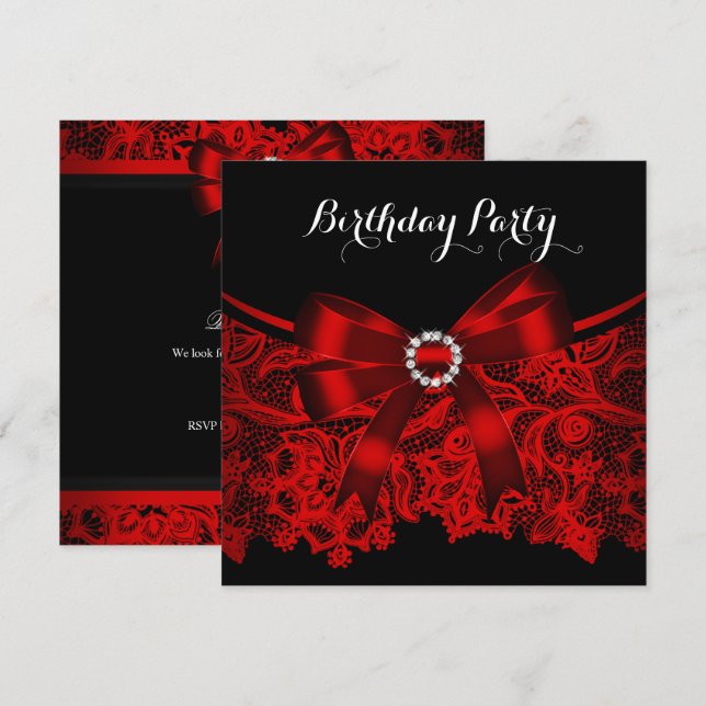 Elegant Red Bow Black Lace White Birthday Party 4 Invitation (Front/Back)