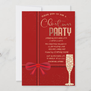 Elegant Red Bow,Champagne Glass Christmas Company Invitation