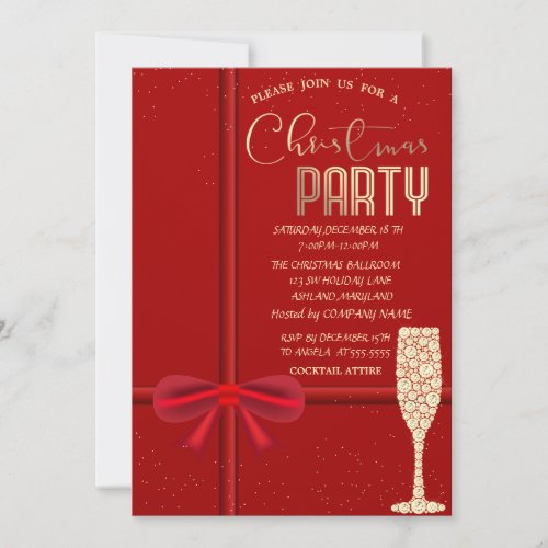 Elegant Red BowChampagne Glass Christmas Company  Invitation