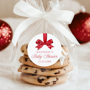 Elegant Red Bow Christmas Baby Shower Classic Round Sticker