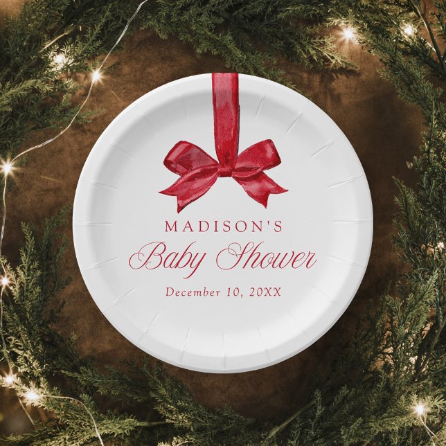 Elegant Red Bow Christmas Baby Shower Paper Plates (Creator Uploaded)