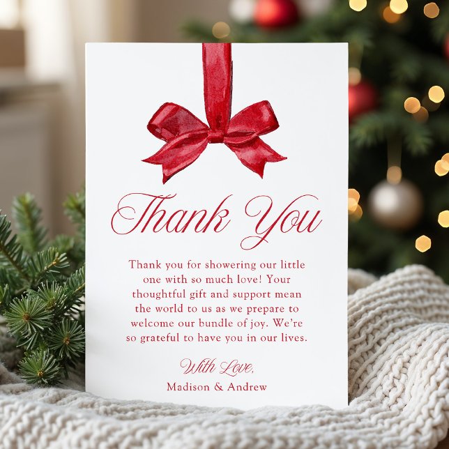 Elegant Red Bow Christmas Baby Shower Thank You Card (Creator Uploaded)