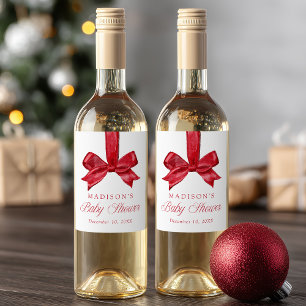 Elegant Red Bow Christmas Baby Shower Wine Label