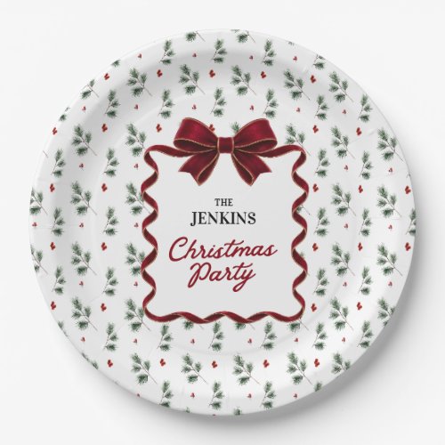 Elegant Red Bow Christmas Party Paper Plates
