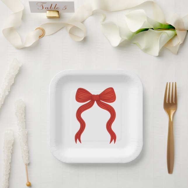 Elegant Red Bow Christmas Party -  Paper Plates (Wedding)