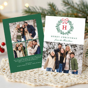 Elegant Red Bow Christmas Wreath Monogram 4 Photo Holiday Card