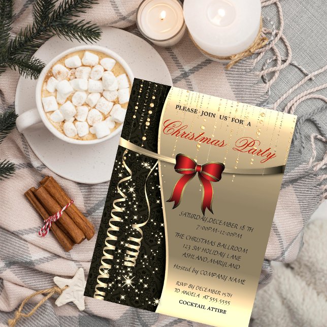 Elegant Red Bow,Confetti Company Christmas Party Invitation (Creator Uploaded)