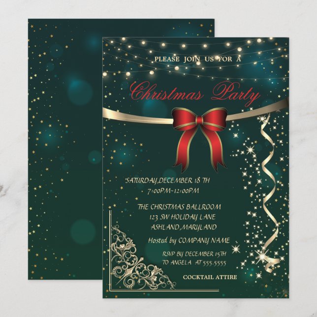 Elegant Red Bow,Confetti Green Christmas Party Invitation (Front/Back)