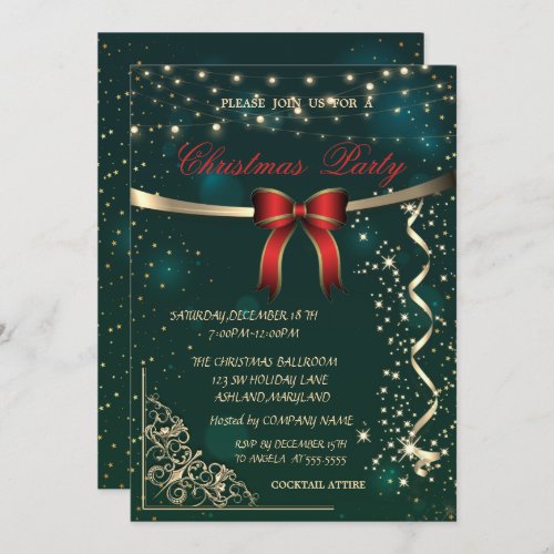 Elegant Red BowConfetti Green Christmas Party Invitation