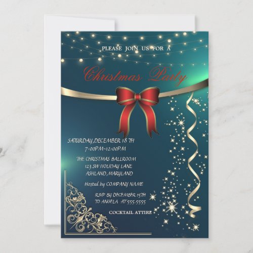 Elegant Red BowConfetti Green Company Christmas Invitation