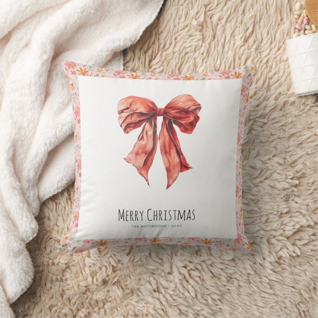 Elegant Red Bow Coquette Minimalist Christmas  Throw Pillow (Blanket)