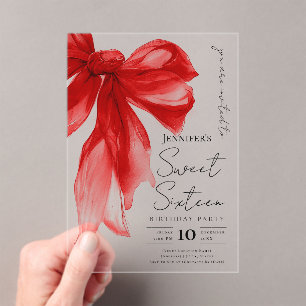 Elegant Red Bow Coquette Script Sweet 16 Party Acrylic Invitations