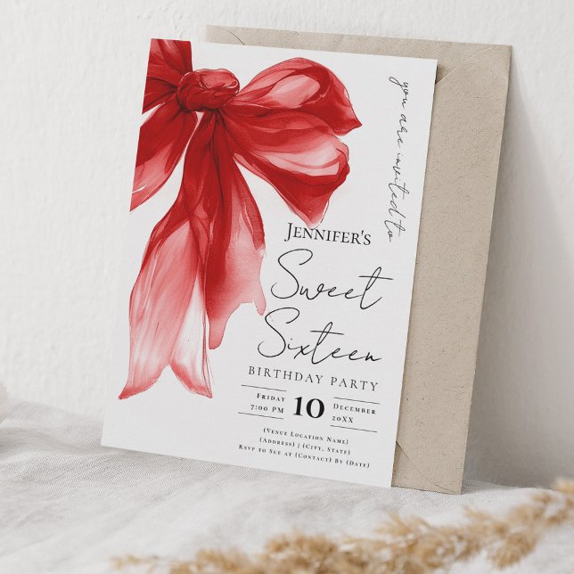 Elegant Red Bow Coquette Script Sweet 16 Party  Invitation (Elegant Red Bow Coquette Script Sweet 16 Party Invitation)