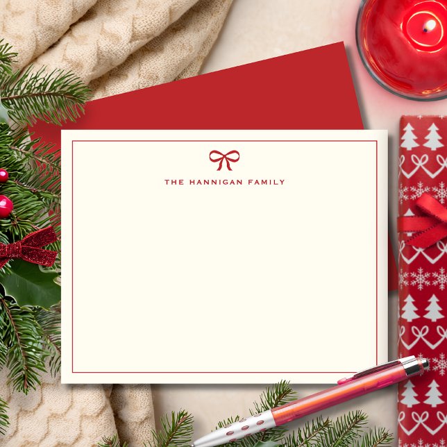 Elegant Red Bow Custom Family Name Note Card (Creator Uploaded)
