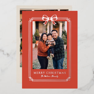 Elegant Red Bow Frame Merry Christmas Family Photo Foil Holiday Card