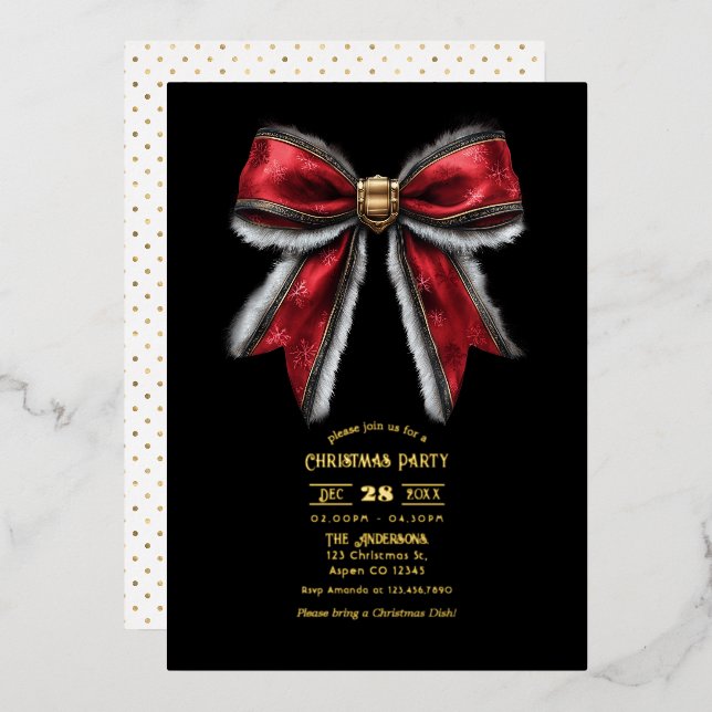 Elegant Red Bow & Gold Foil Christmas Party Foil Invitation (Front/Back)