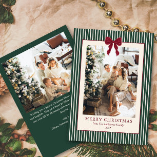 Elegant Red Bow Green Stripes Christmas 2 Photo Holiday Card