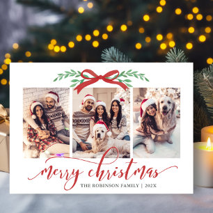 Elegant Red Bow Greenery 3 Photo Family Christmas  Holiday Card