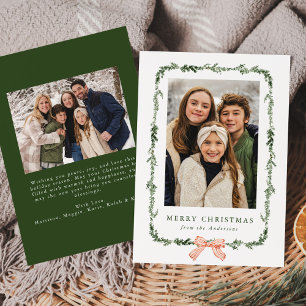 Elegant Red Bow Greenery Garland 2 Photo Holiday Card