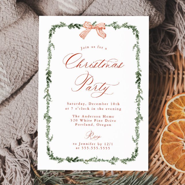 Elegant Red Bow Greenery Garland Christmas Party Invitation (Creator Uploaded)