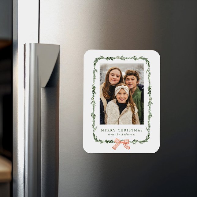 Elegant Red Bow Greenery Garland Holiday Photo Magnet (Creator Uploaded)