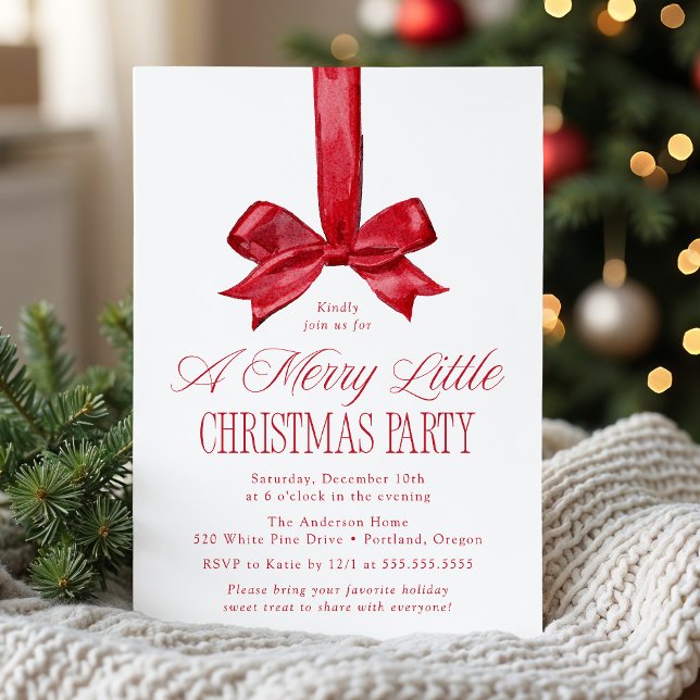 Elegant Red Bow Merry Little Christmas Party Invitation (Creator Uploaded)