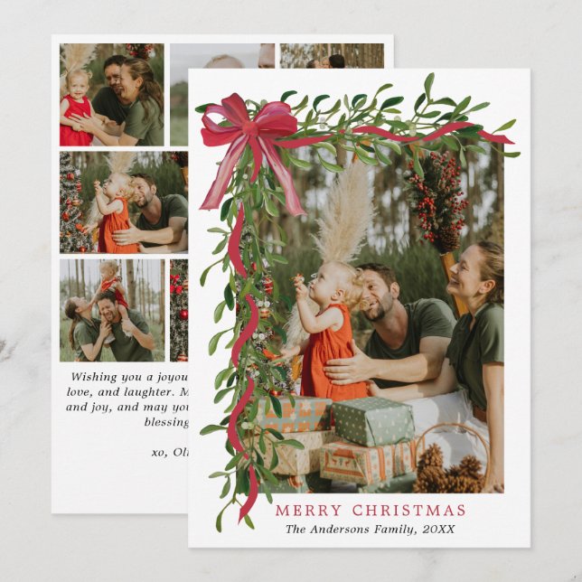 Elegant Red Bow Mistletoe Christmas Multi Photo Holiday Card (Front/Back)