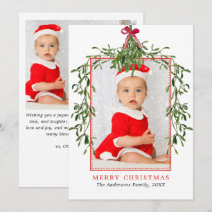 Elegant Red Bow Mistletoe Christmas Two Photo Holiday Card