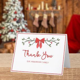 Elegant Red Bow Personalized Family Christmas Letterpress Thank You Card
