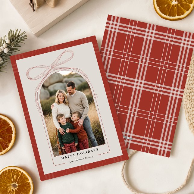 Elegant Red Bow Plaid Family Arch Photo Christmas Holiday Card (Creator Uploaded)