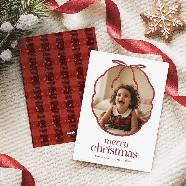 Elegant Red Bow Playful Kid Family Photo Christmas Holiday Card (Creator Uploaded)