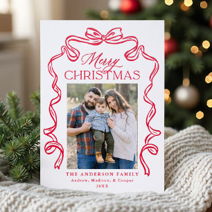 Elegant Red Bow Ribbon Frame Merry Christmas Letterpress Photo Cards