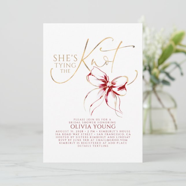Elegant Red Bow She's Tying The Knot Bridal Shower Invitation (Standing Front)