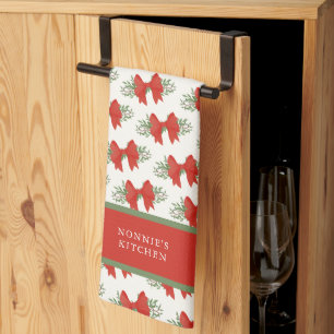 Elegant Red Bow with greenery Monogram Name Kitchen Towel