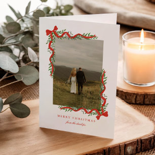 Elegant Red Bow with Greenery Photo Christmas Holiday Card