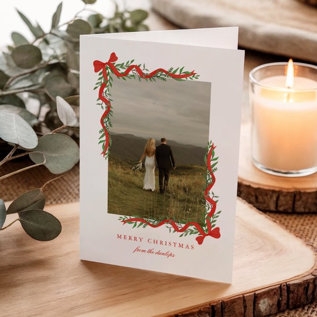 Elegant Red Bow with Greenery Photo Christmas Holiday Card (Elegant red ribbons with bows and greenery photo christmas holiday cards. )