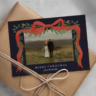 Elegant Red Bow with Greenery Photo Christmas Holiday Card