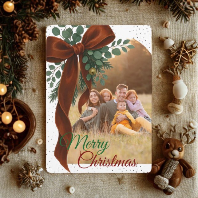 Elegant Red Bow with Greenery Photo Christmas  Holiday Postcard (Creator Uploaded)