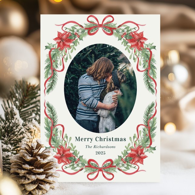Elegant Red Bow Wreath Christmas Photo Card (Creator Uploaded)