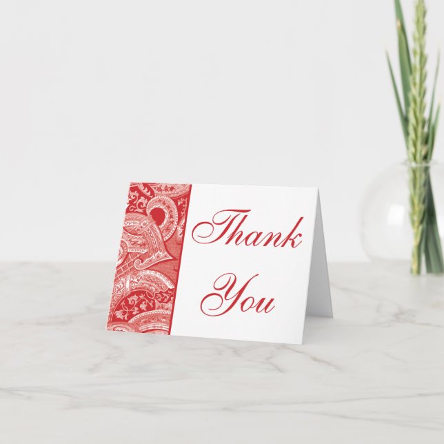 Elegant red Brocade border Thank you note card (Front)