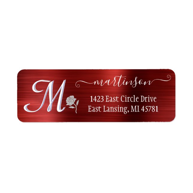 Elegant Red Brushed Metal Custom Monogram Return   Label (Front)