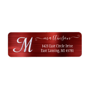 Elegant Red Brushed Metal Custom Monogram Return Label