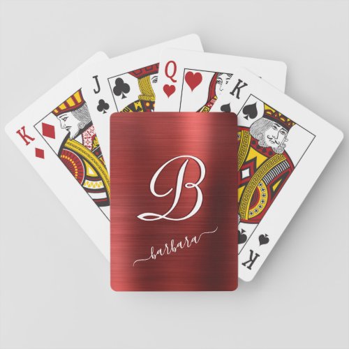 Elegant Red Brushed Metal Monogram Name  Poker Cards