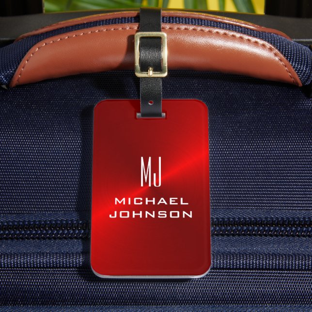 Elegant Red Brushed Metallic Monogrammed Initial  Luggage Tag (Front Insitu 2)